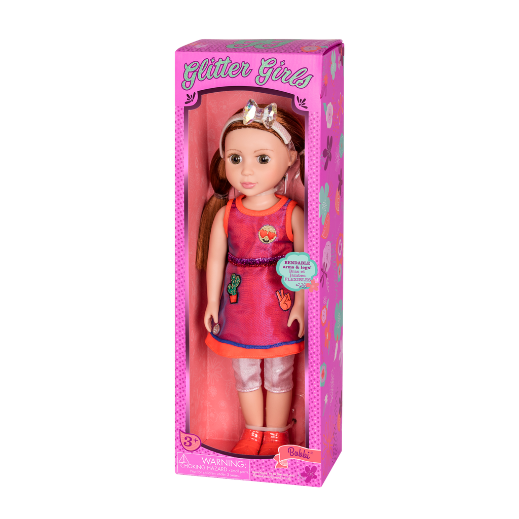 14-inch posable doll with dark red hair and brown eyes