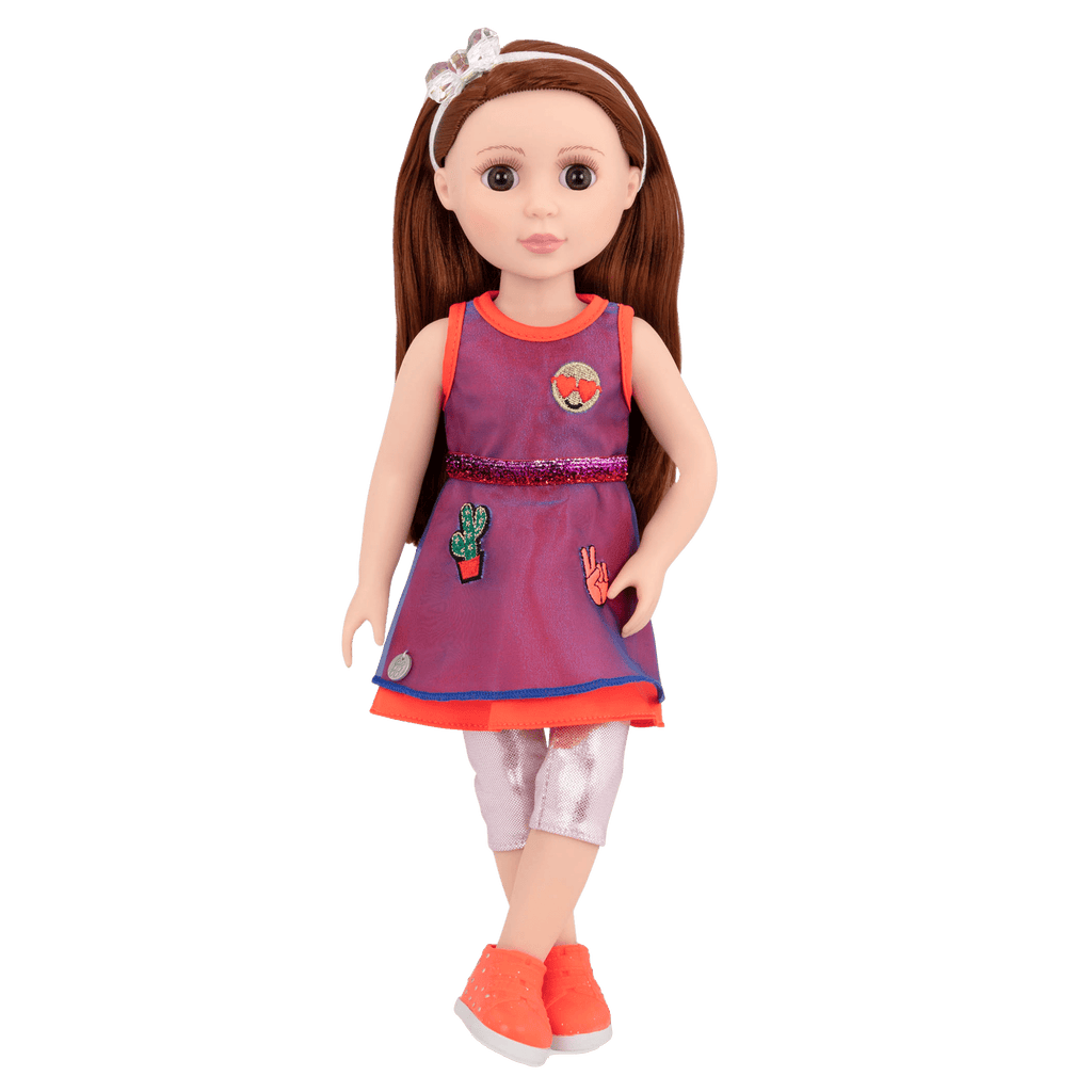 14-inch posable doll with dark red hair and brown eyes