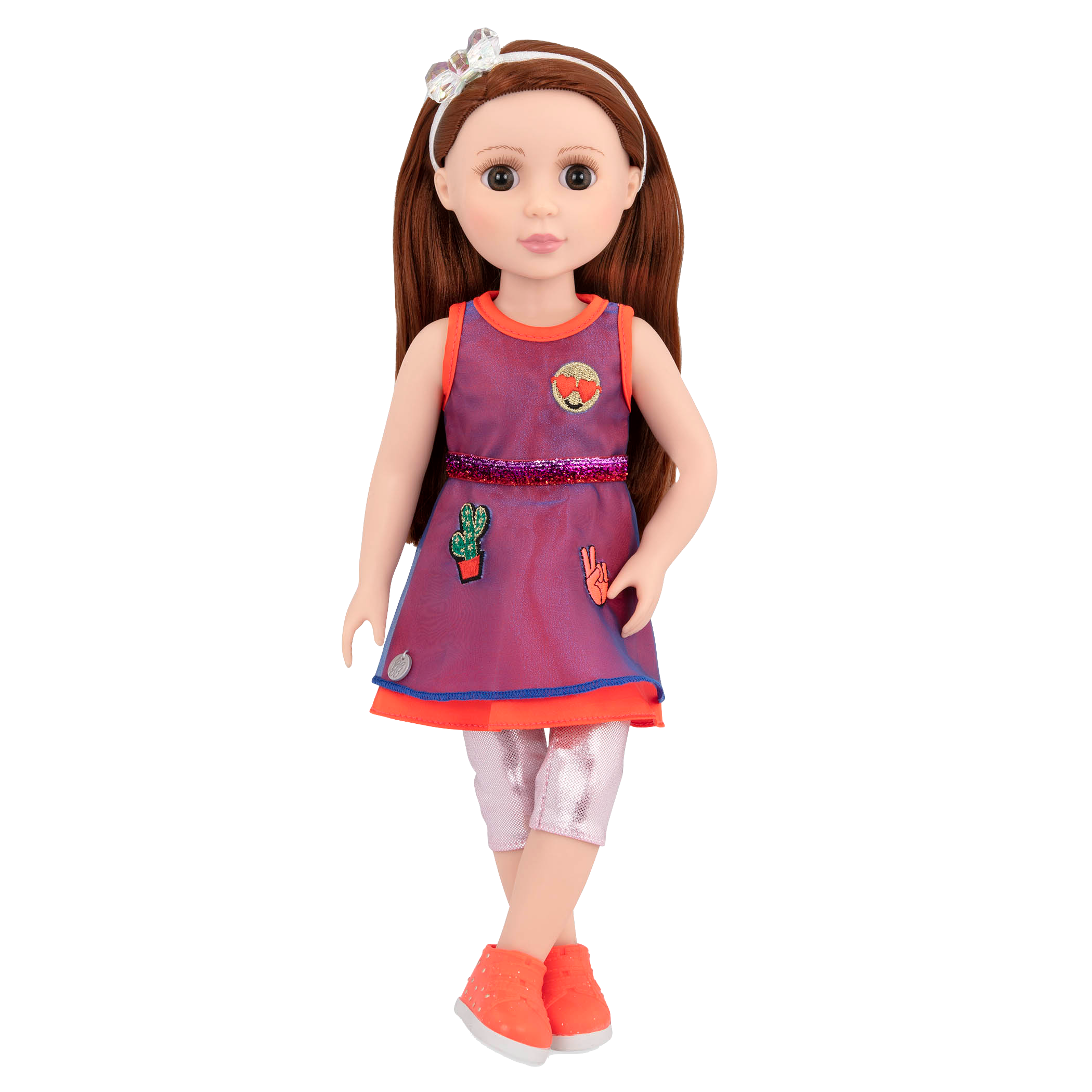 14-inch posable doll with dark red hair and brown eyes