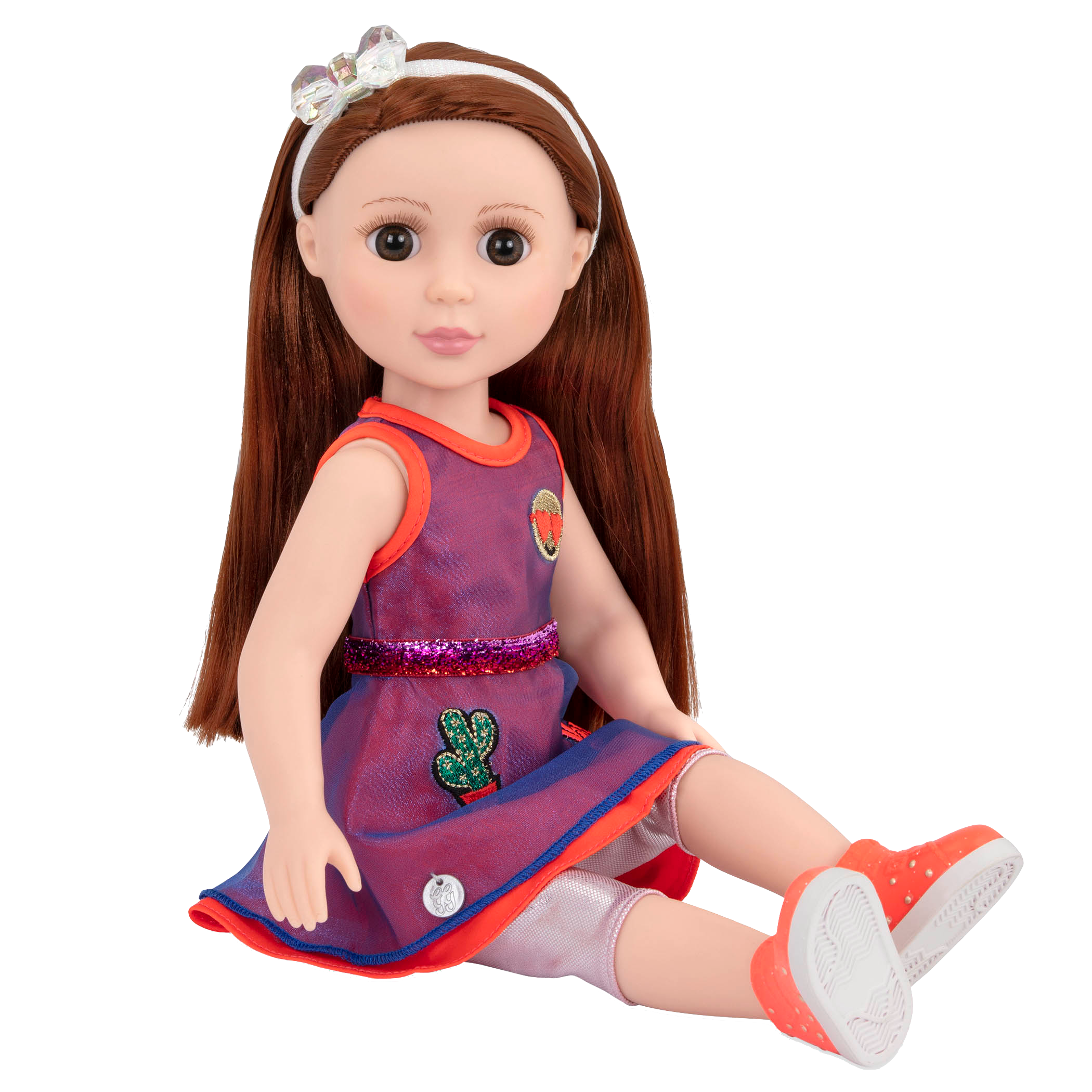 14-inch posable doll with dark red hair and brown eyes