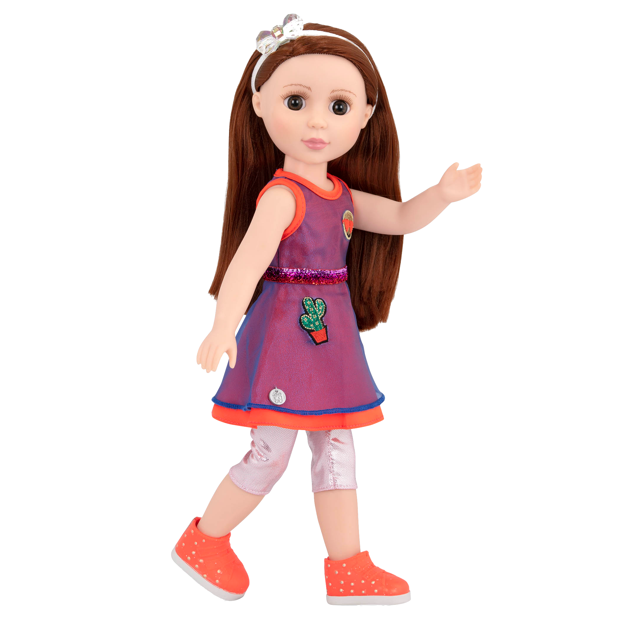14-inch posable doll with dark red hair and brown eyes