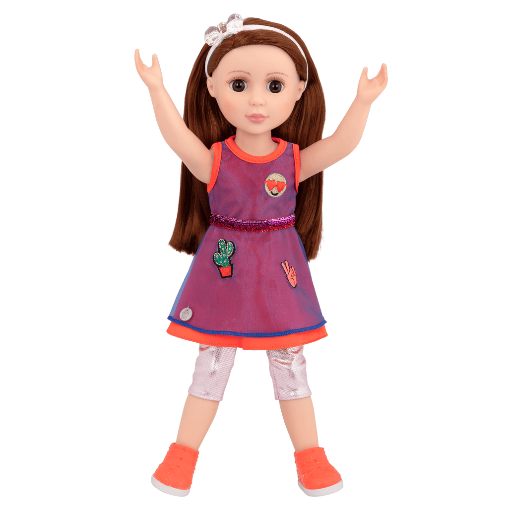 14-inch posable doll with dark red hair and brown eyes