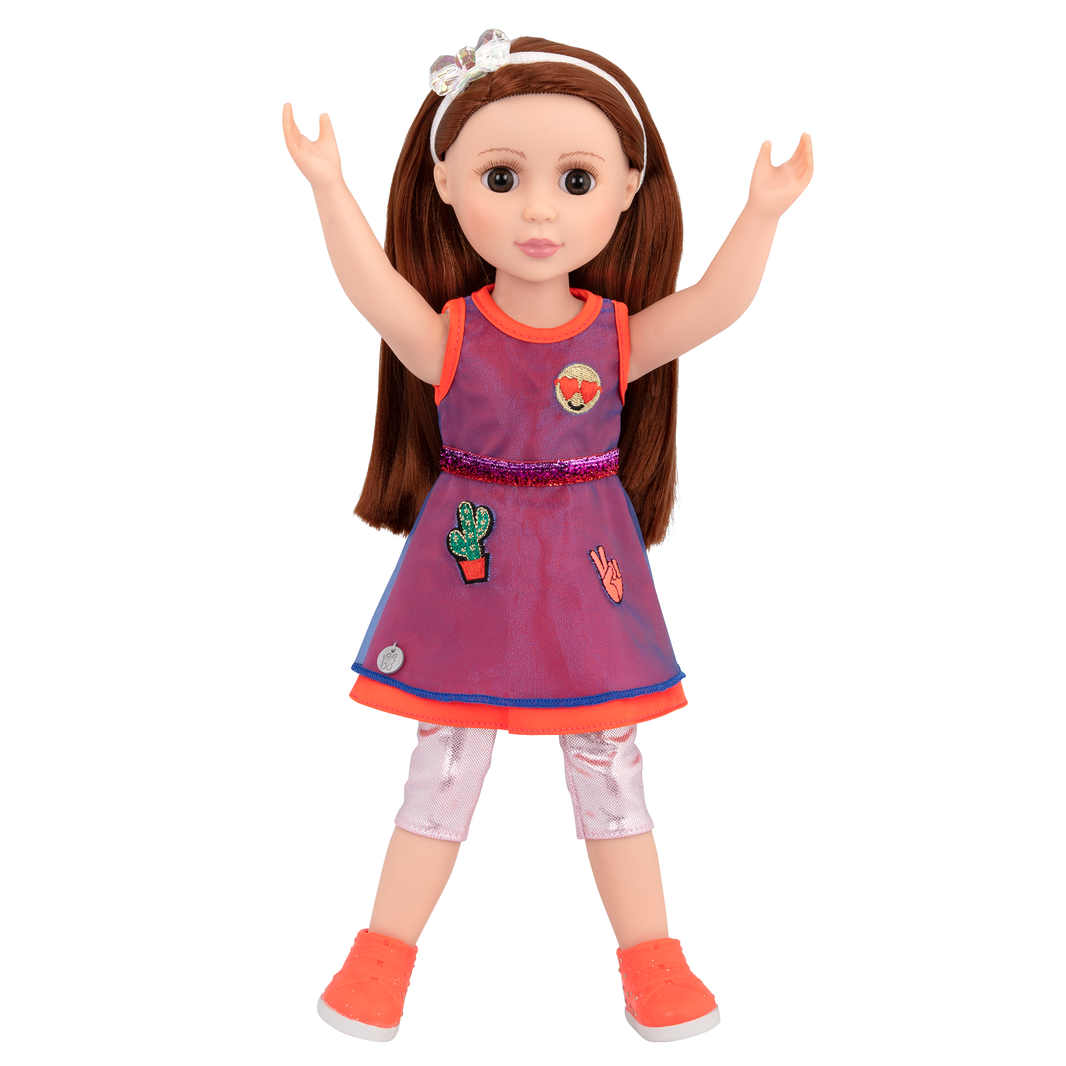 14-inch posable doll with dark red hair and brown eyes