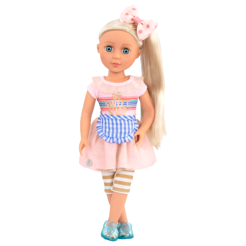 14-inch posable doll with blonde hair and blue eyes