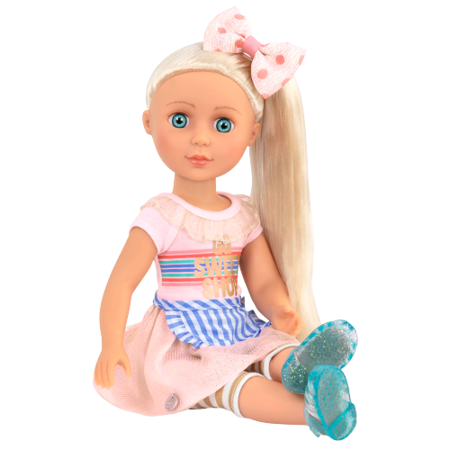 14-inch posable doll with blonde hair and blue eyes