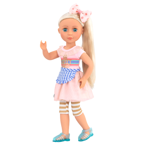 14-inch posable doll with blonde hair and blue eyes