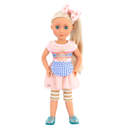 14-inch posable doll with blonde hair and blue eyes