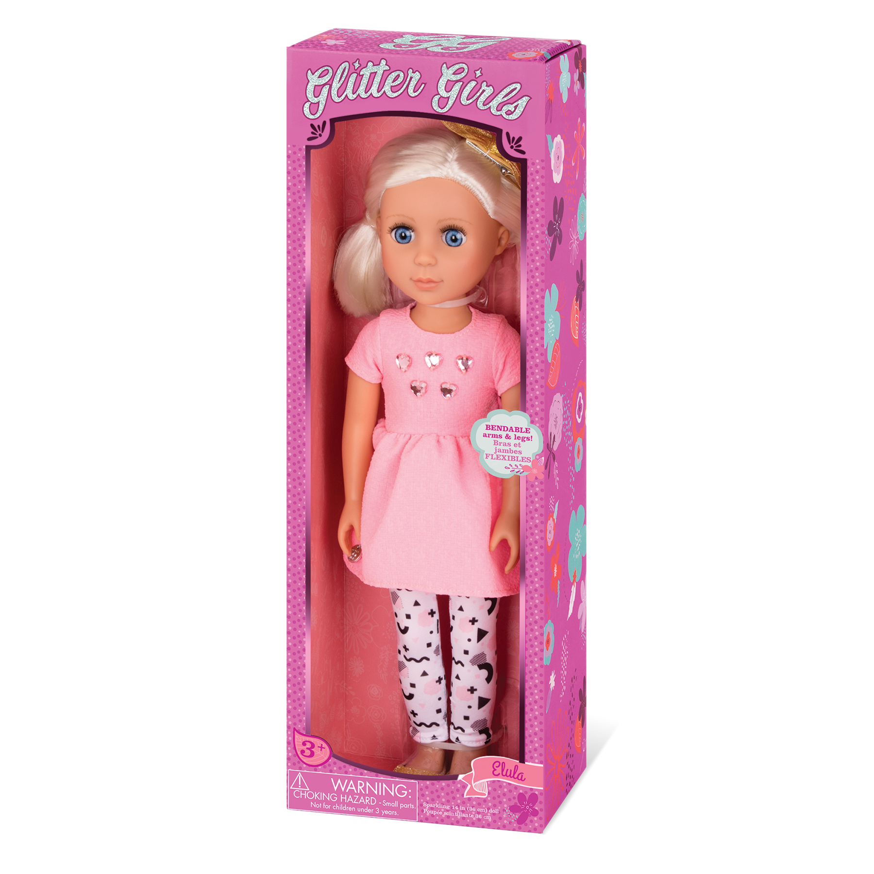 14-inch posable doll with platinum blonde hair and blue eyes