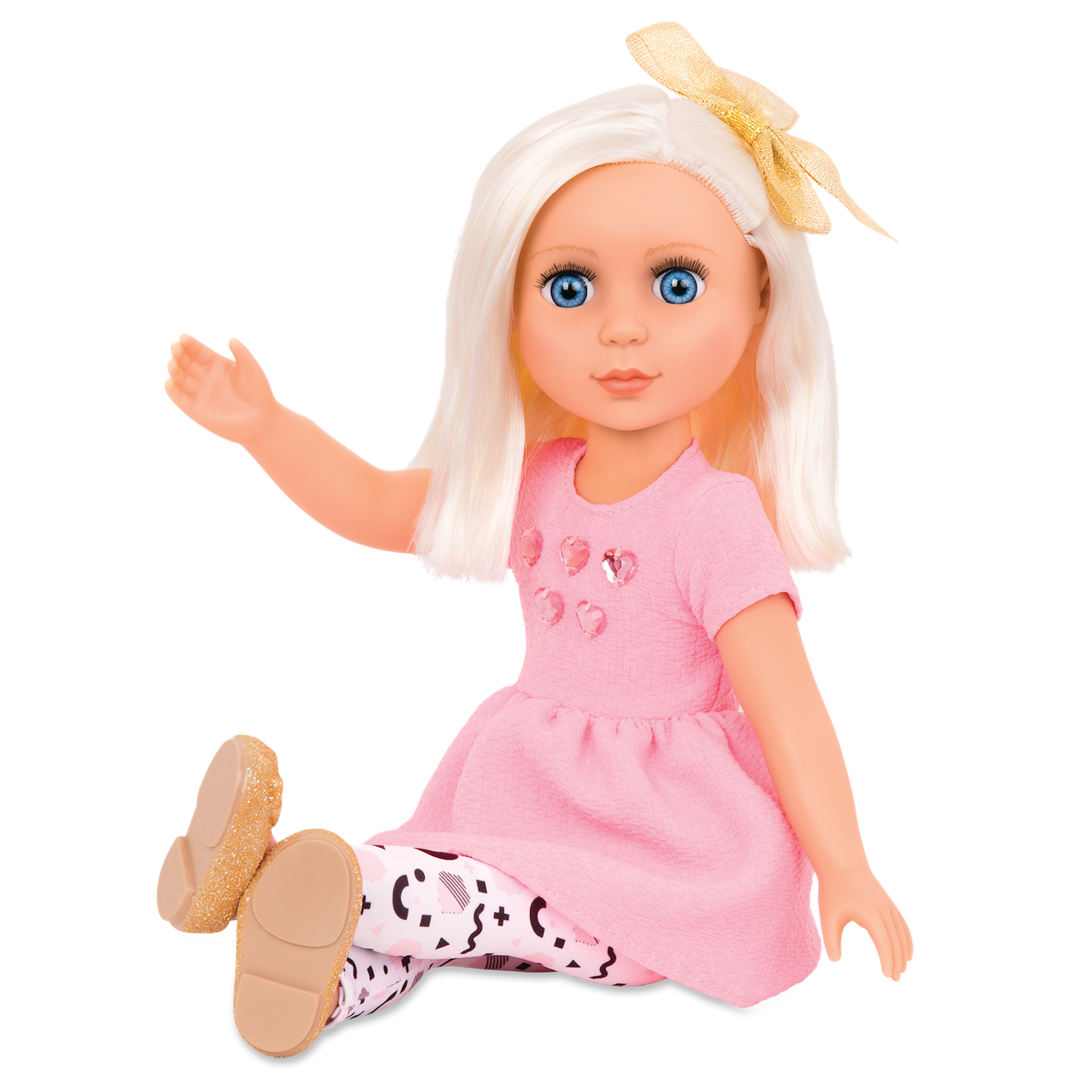 14-inch posable doll with platinum blonde hair and blue eyes