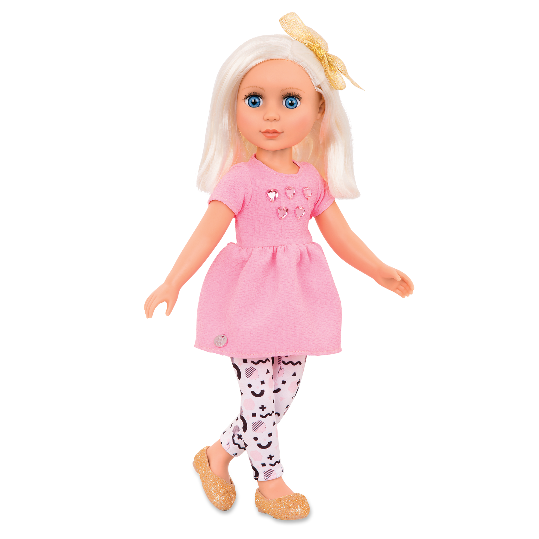 14-inch posable doll with platinum blonde hair and blue eyes