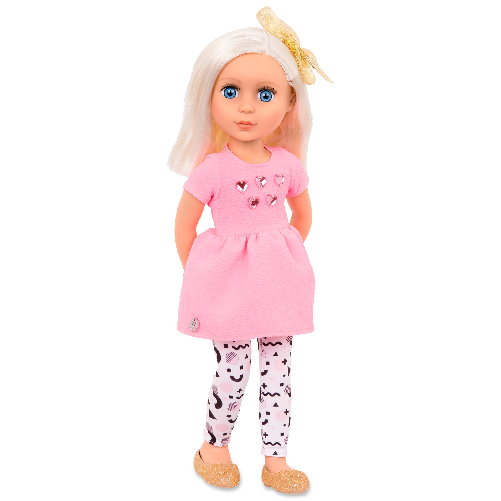 14-inch posable doll with platinum blonde hair and blue eyes