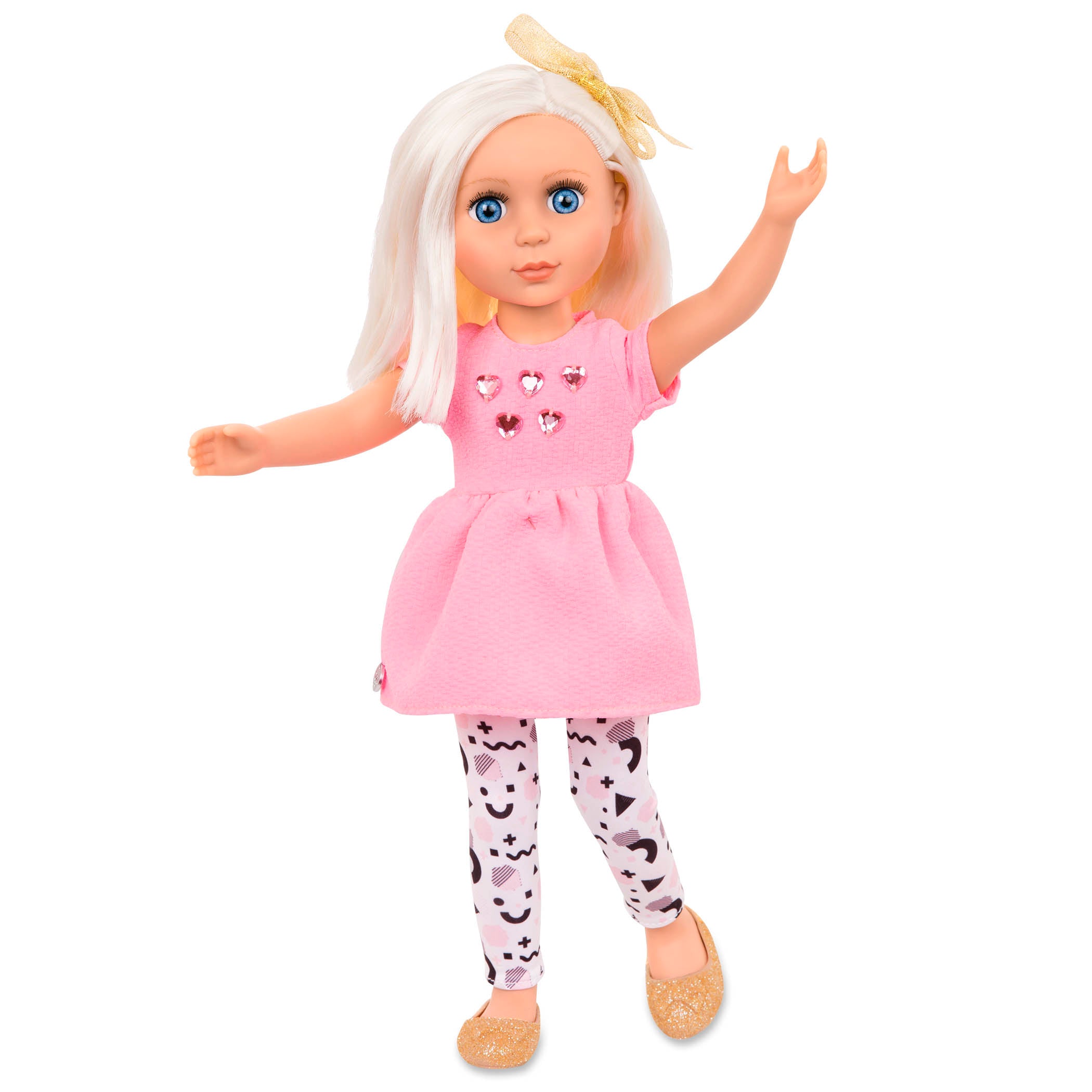 14-inch posable doll with platinum blonde hair and blue eyes