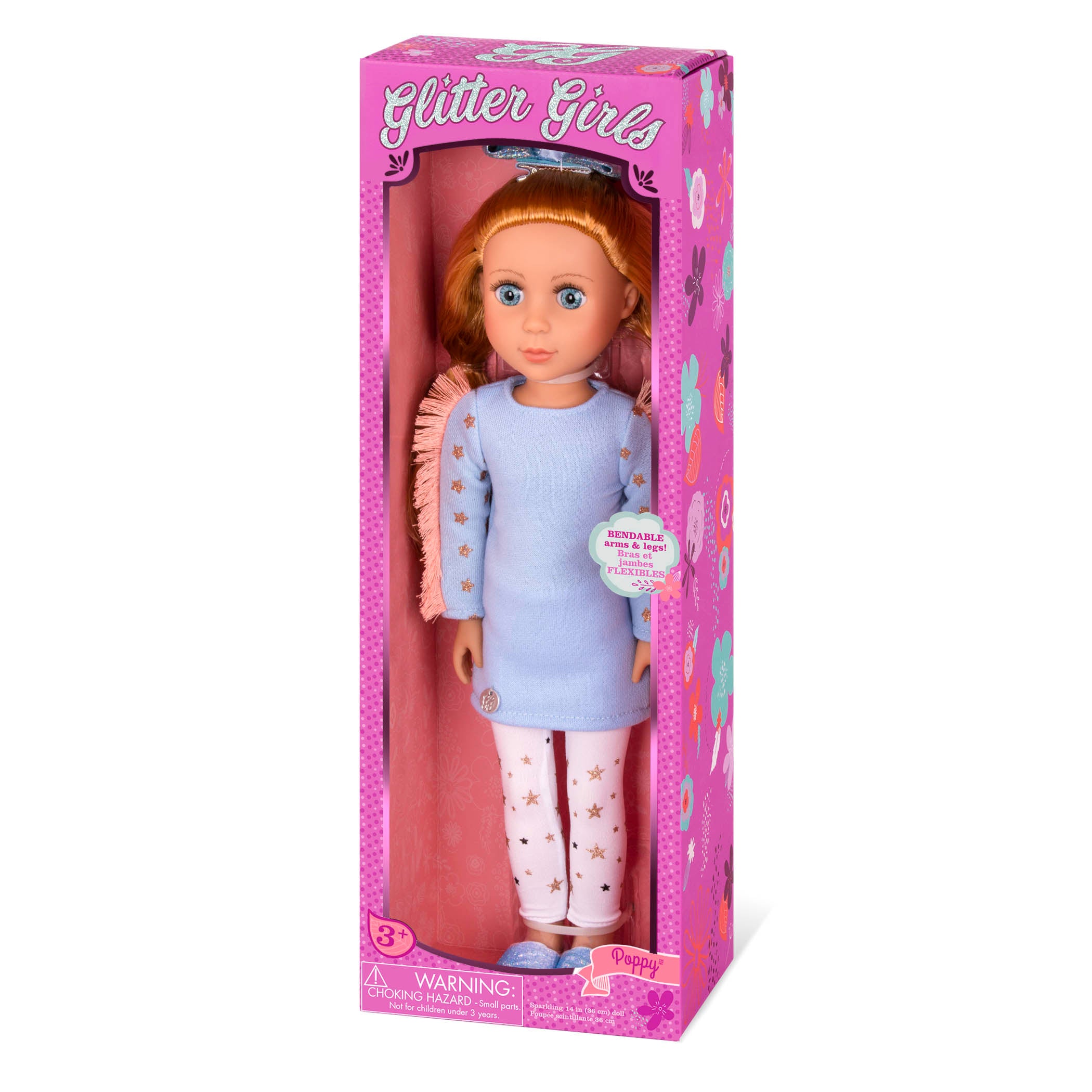 14-inch posable doll with copper hair and blue eyes