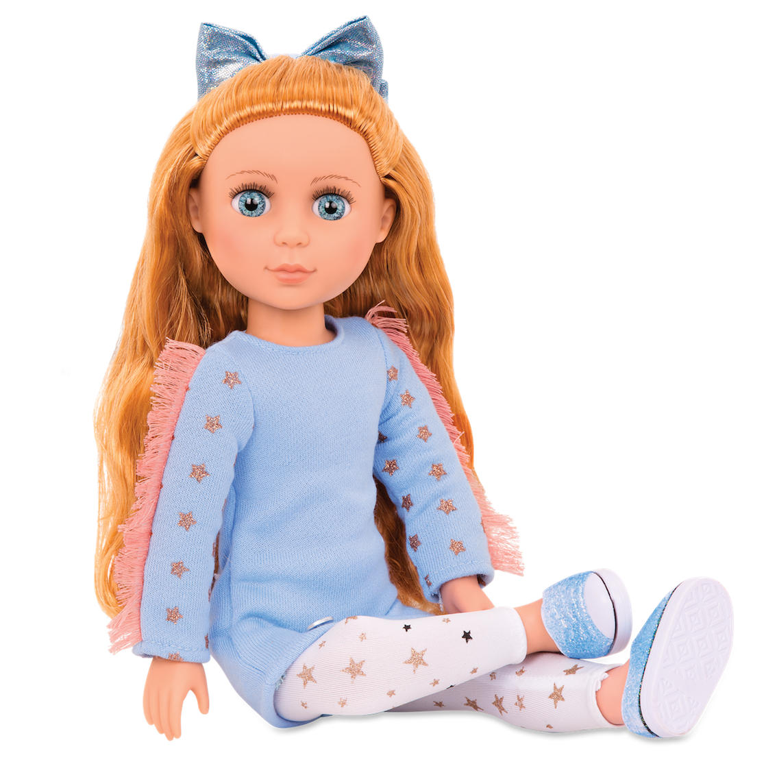 14-inch posable doll with copper hair and blue eyes