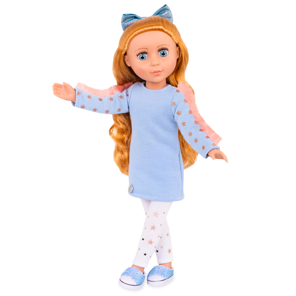14-inch posable doll with copper hair and blue eyes