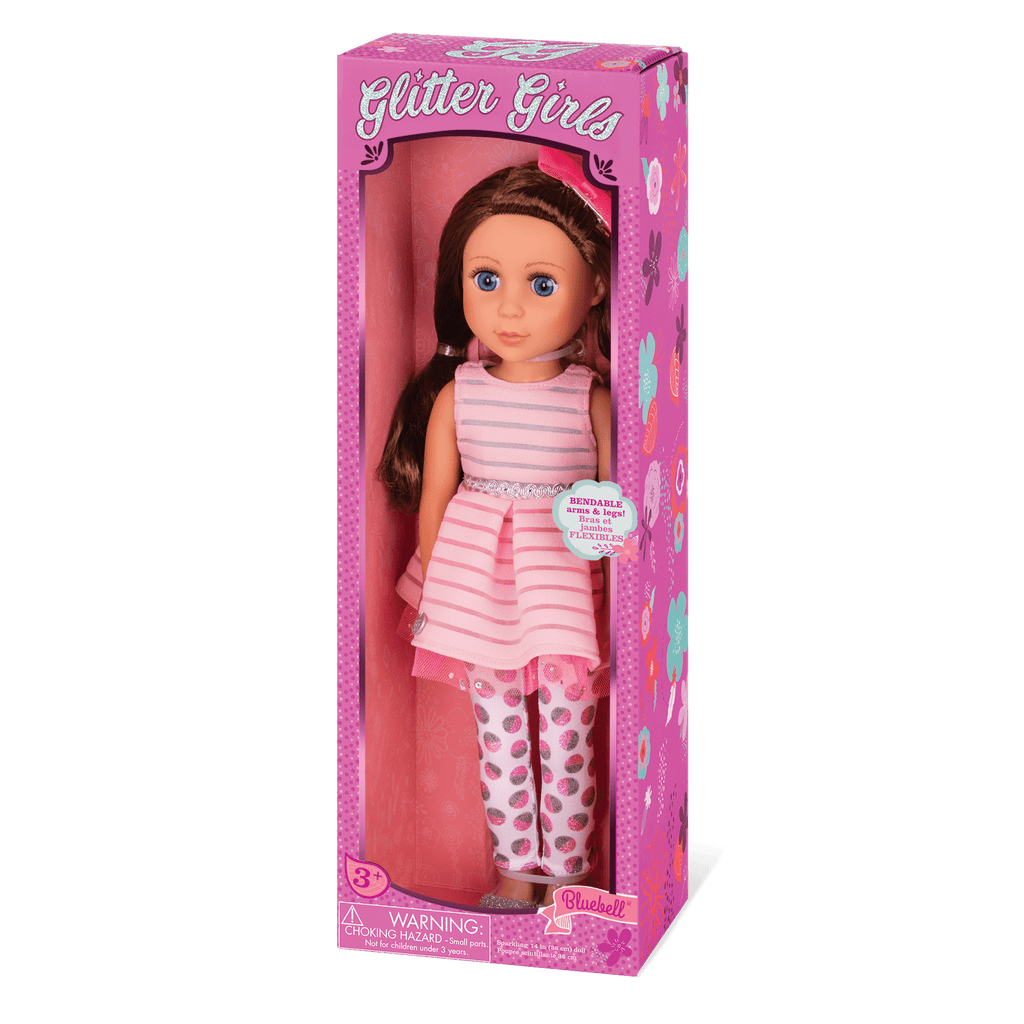 14-inch posable doll with brown hair and blue eyes