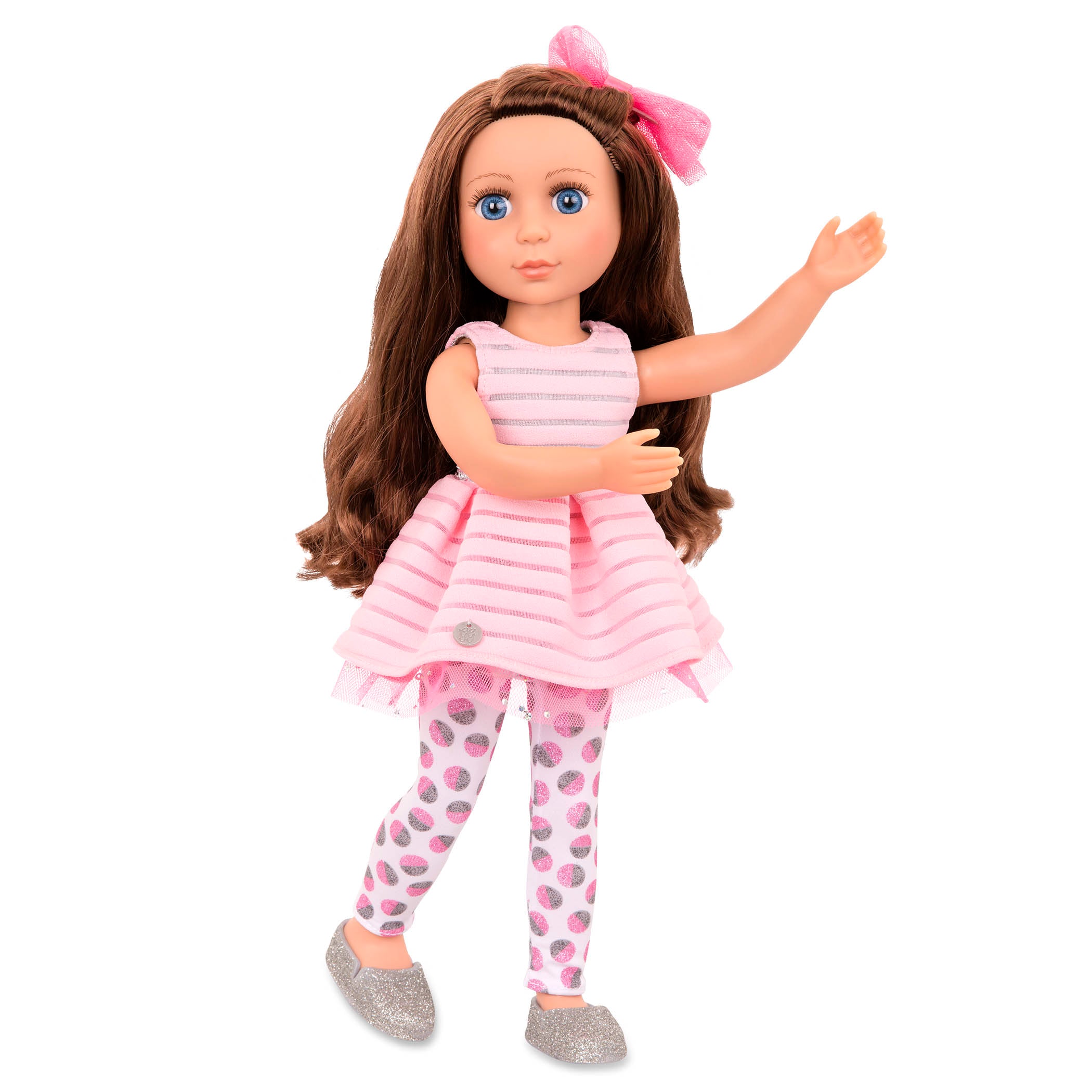 14-inch posable doll with brown hair and blue eyes