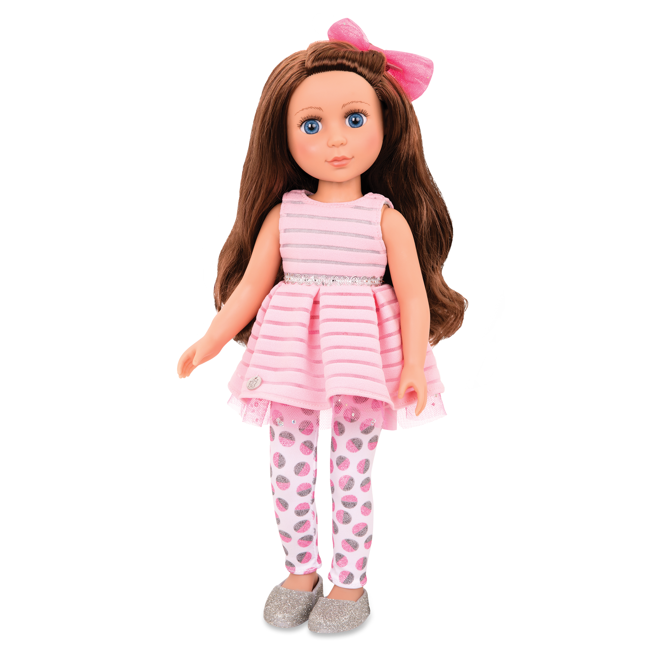 14-inch posable doll with brown hair and blue eyes