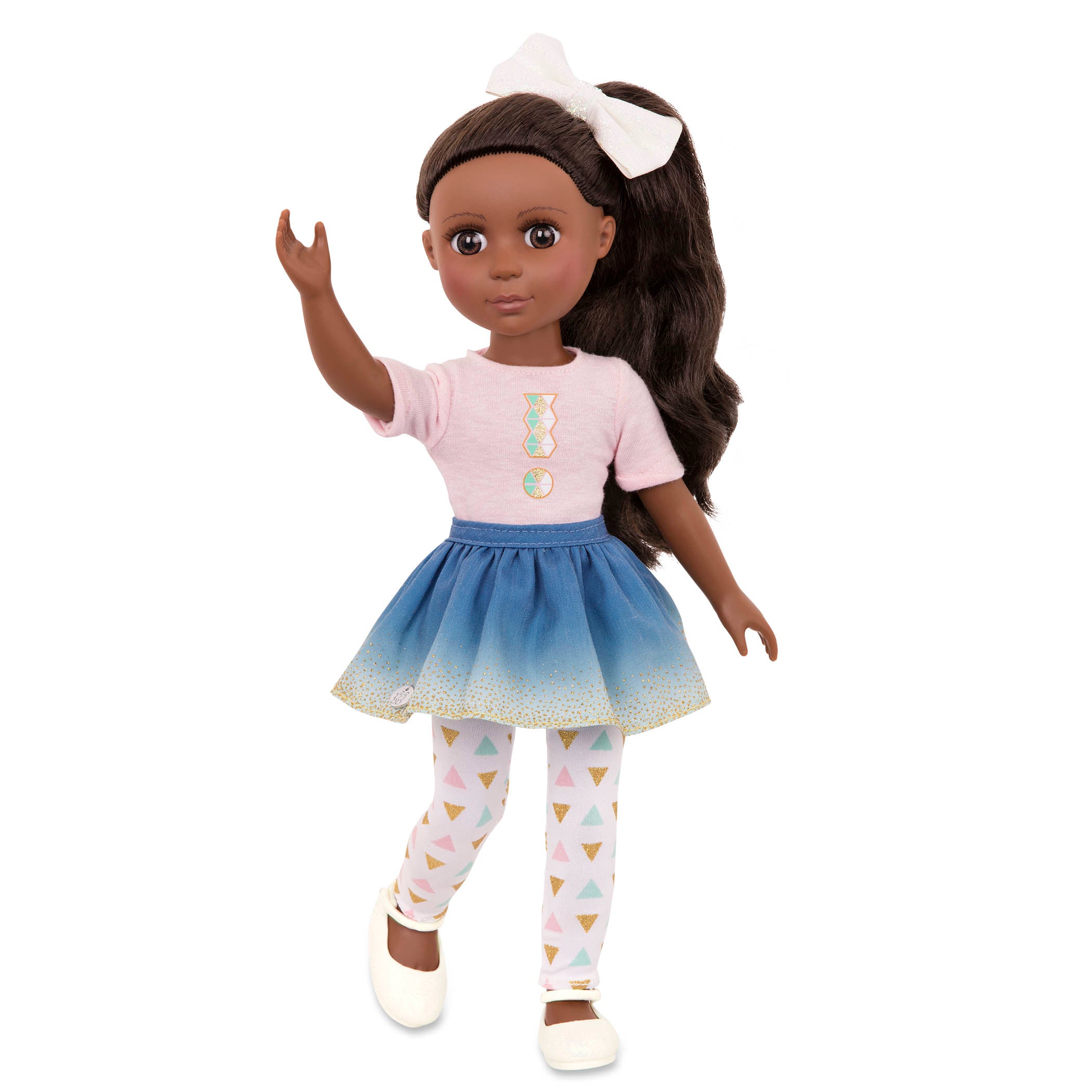 14-inch posable doll with dark brown hair and brown eyes