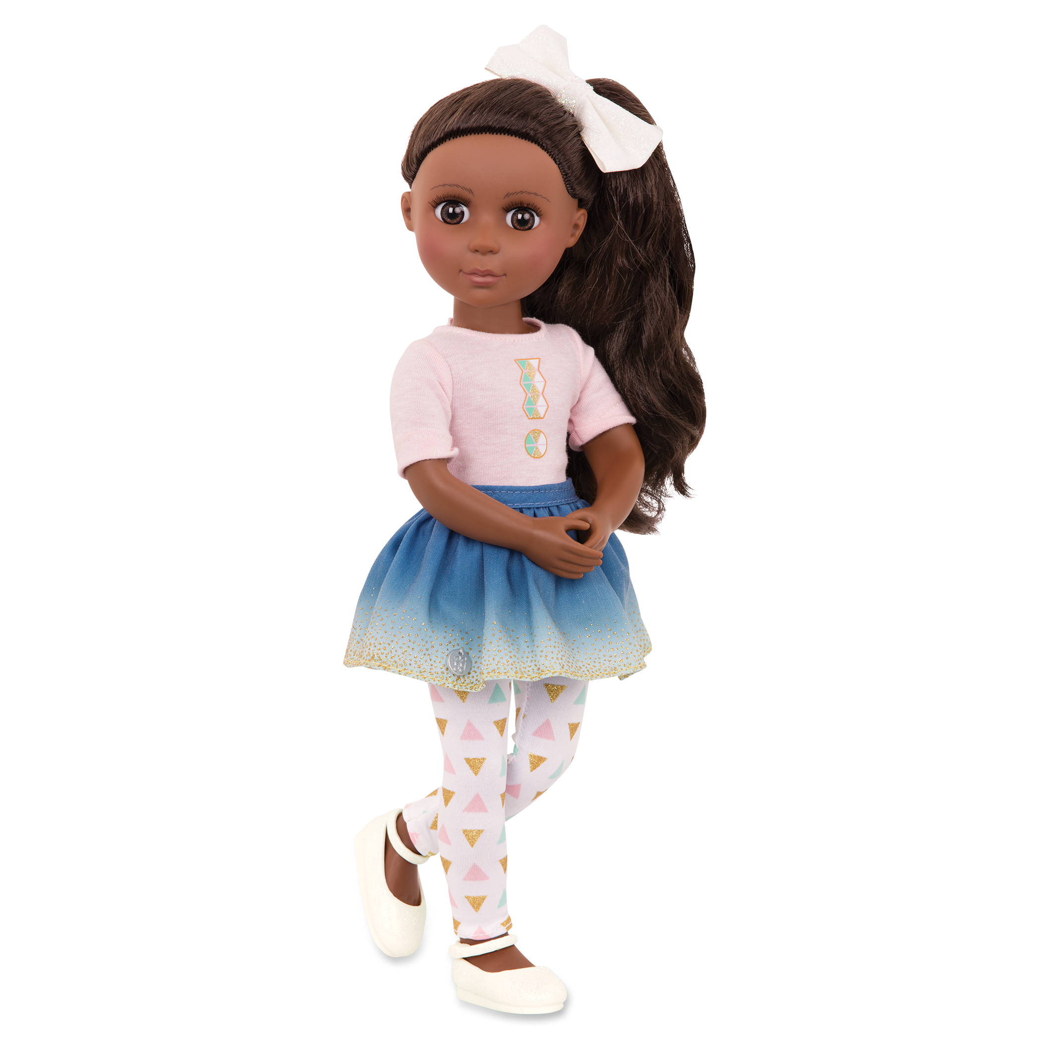 14-inch posable doll with dark brown hair and brown eyes