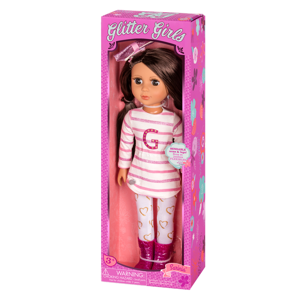 14-inch posable doll with dark brown hair and brown eyes