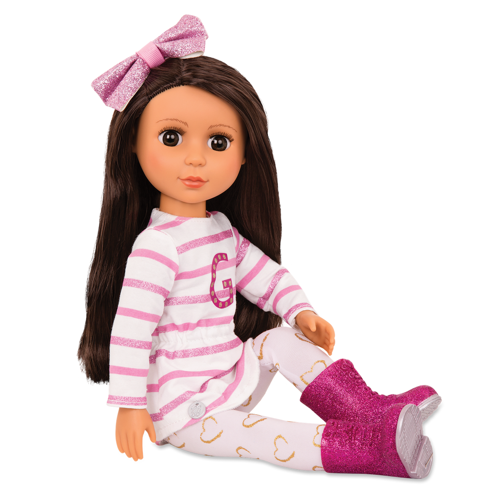 14-inch posable doll with dark brown hair and brown eyes