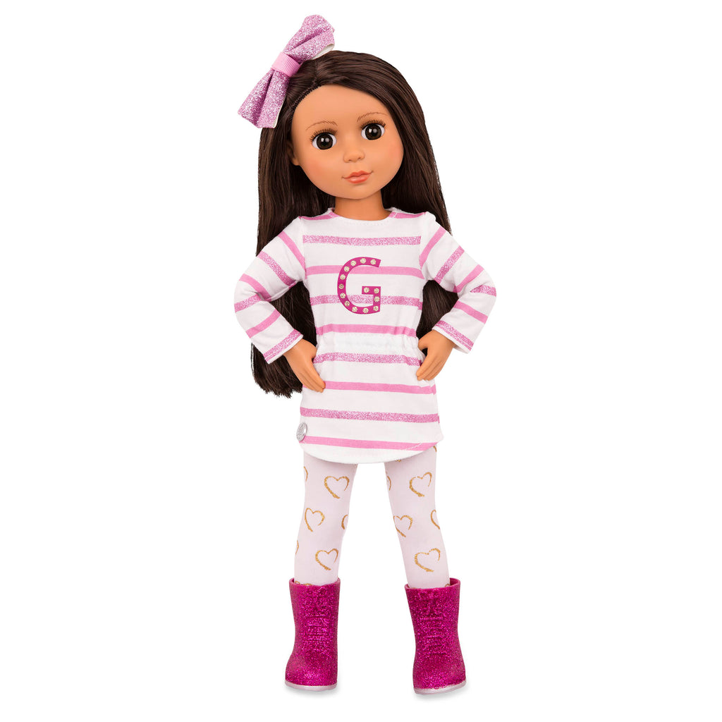 14-inch posable doll with dark brown hair and brown eyes