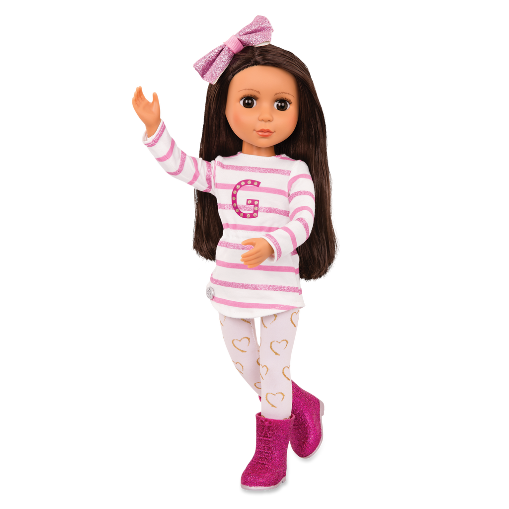 14-inch posable doll with dark brown hair and brown eyes