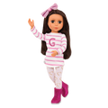 14-inch posable doll with dark brown hair and brown eyes