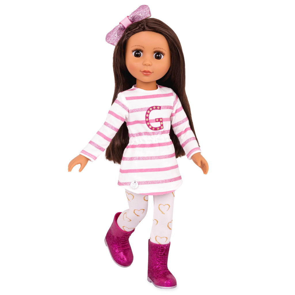14-inch posable doll with dark brown hair and brown eyes