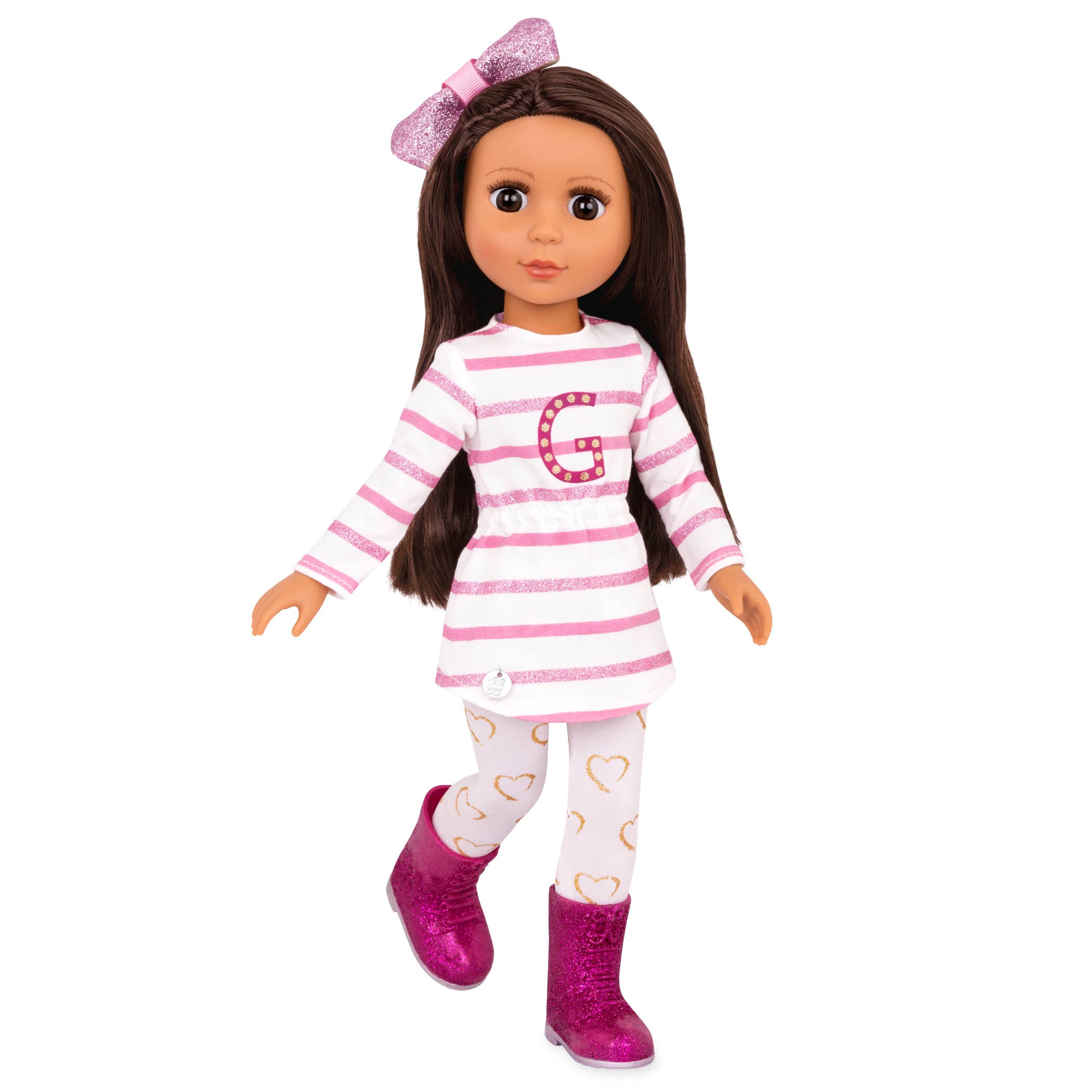 14-inch posable doll with dark brown hair and brown eyes