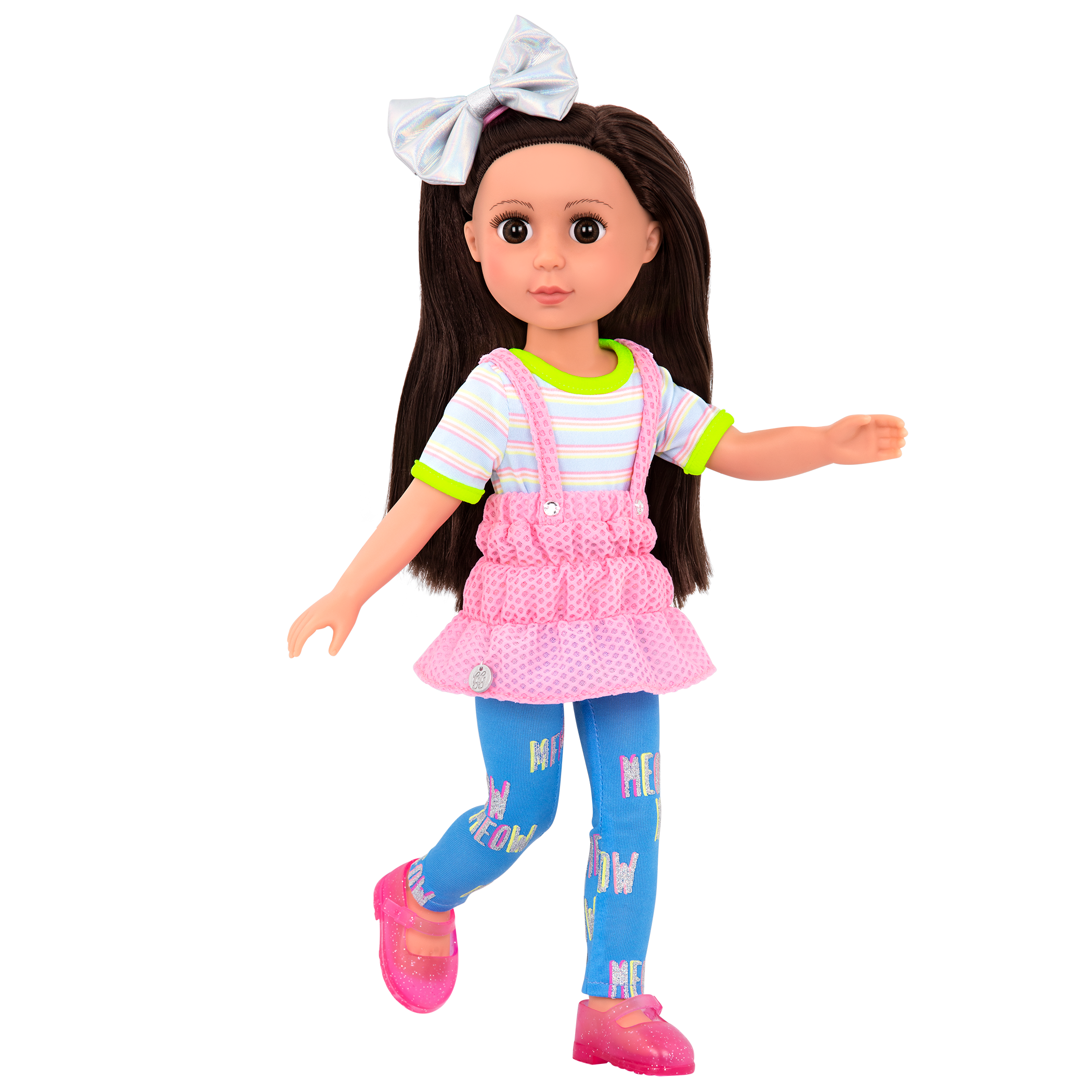14-inch posable doll with brown hair and brown eyes