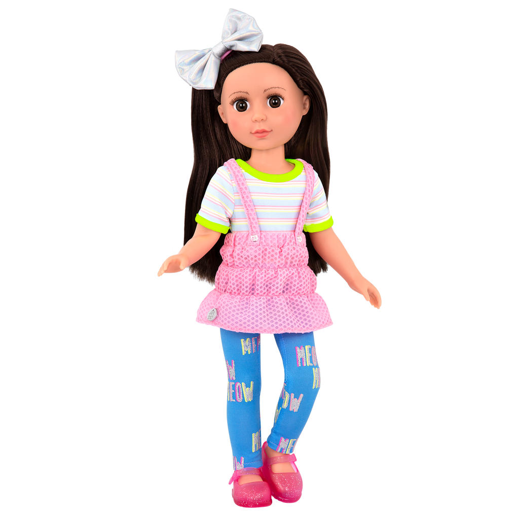 14-inch posable doll with brown hair and brown eyes
