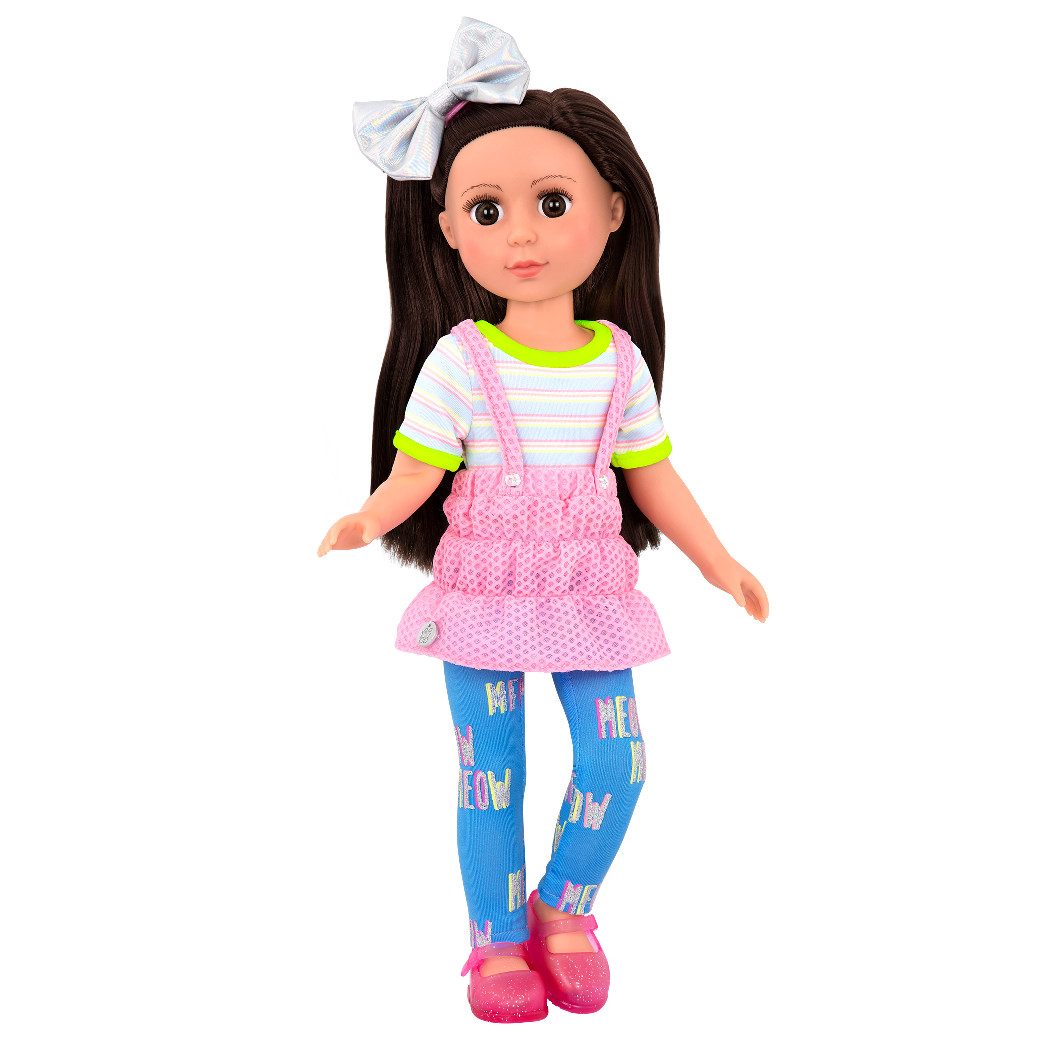 14-inch posable doll with brown hair and brown eyes