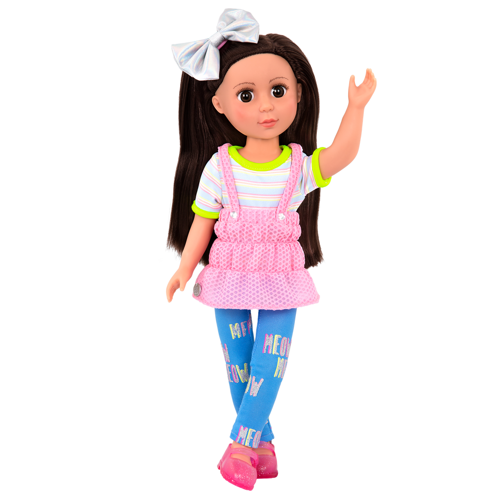 14-inch posable doll with brown hair and brown eyes