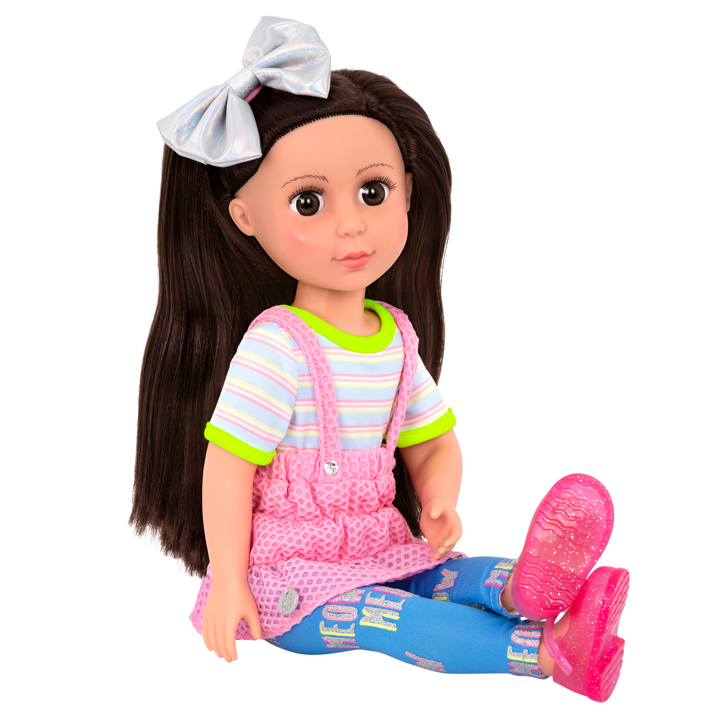 14-inch posable doll with brown hair and brown eyes