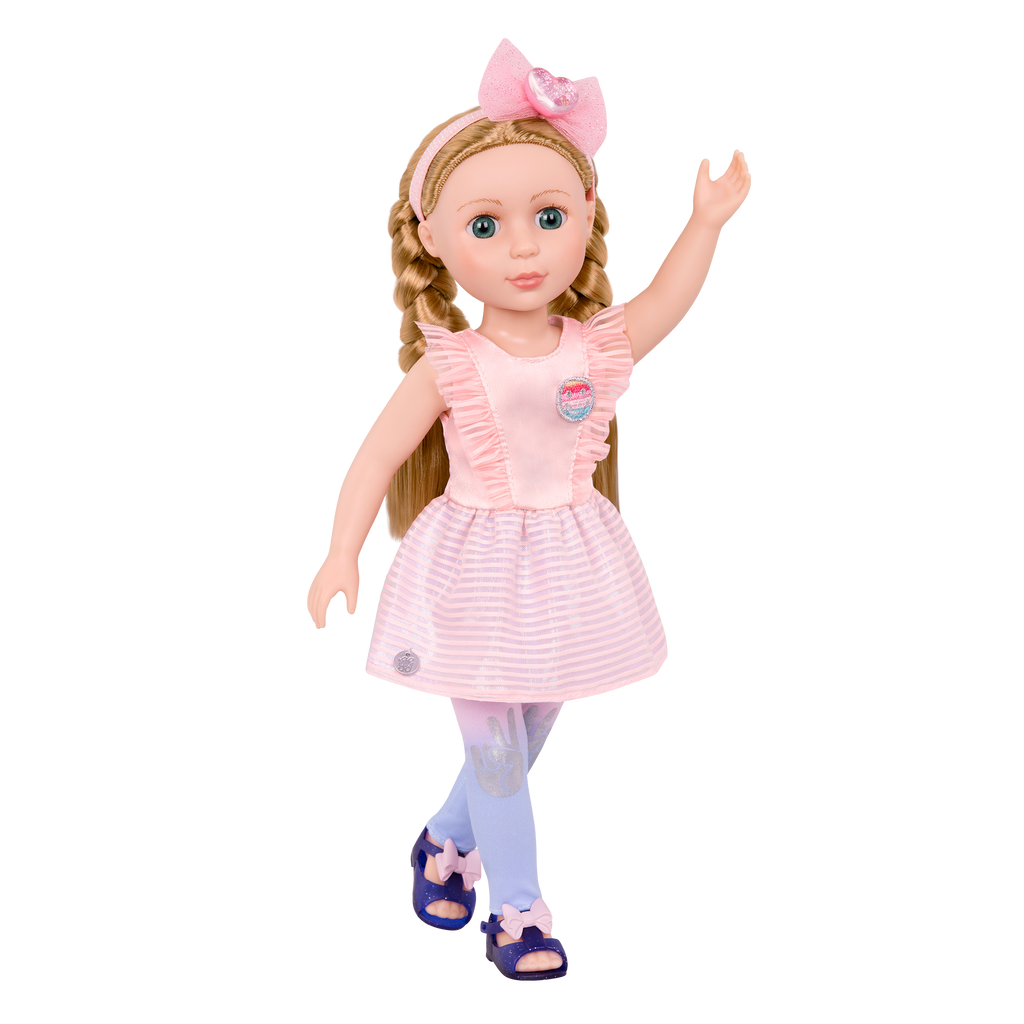 14-inch posable doll with blonde hair and blue eyes