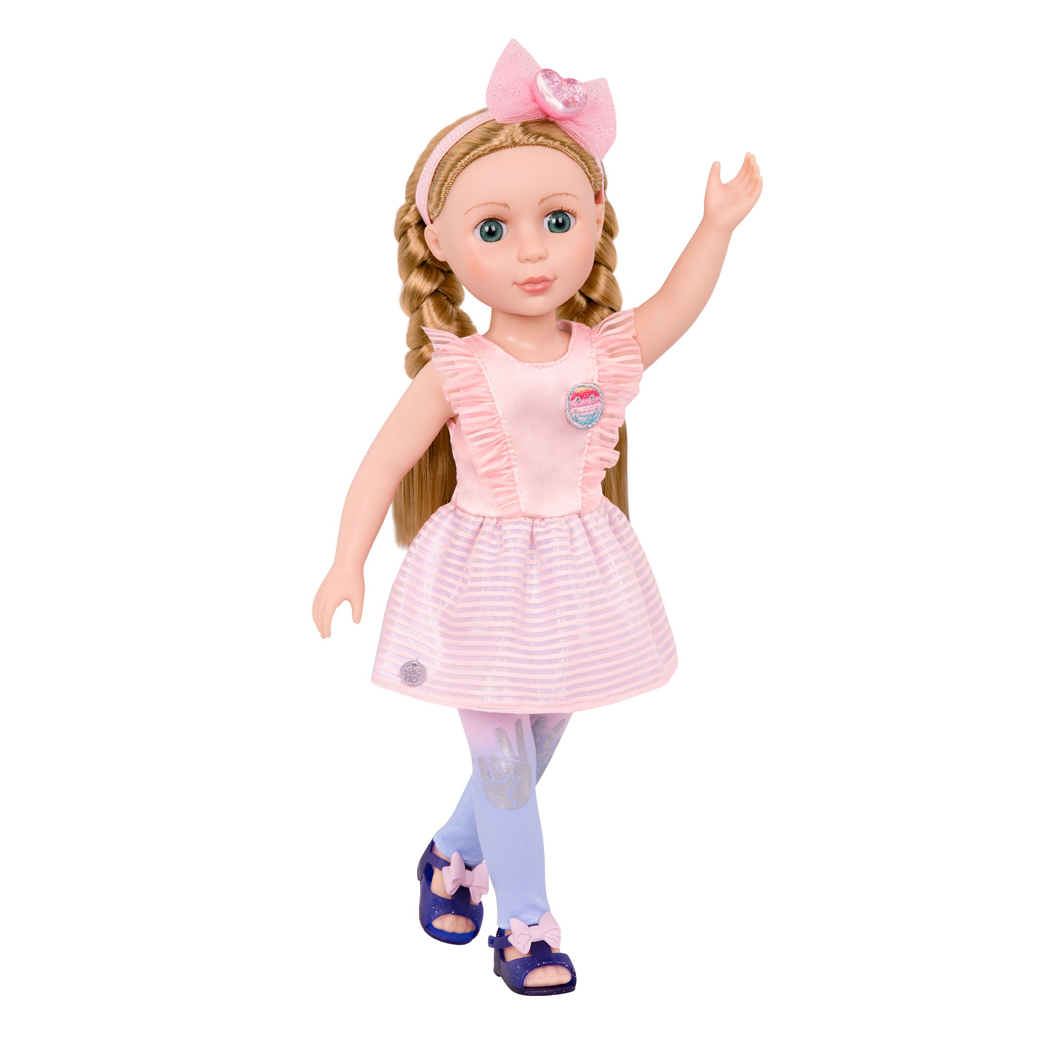 14-inch posable doll with blonde hair and blue eyes