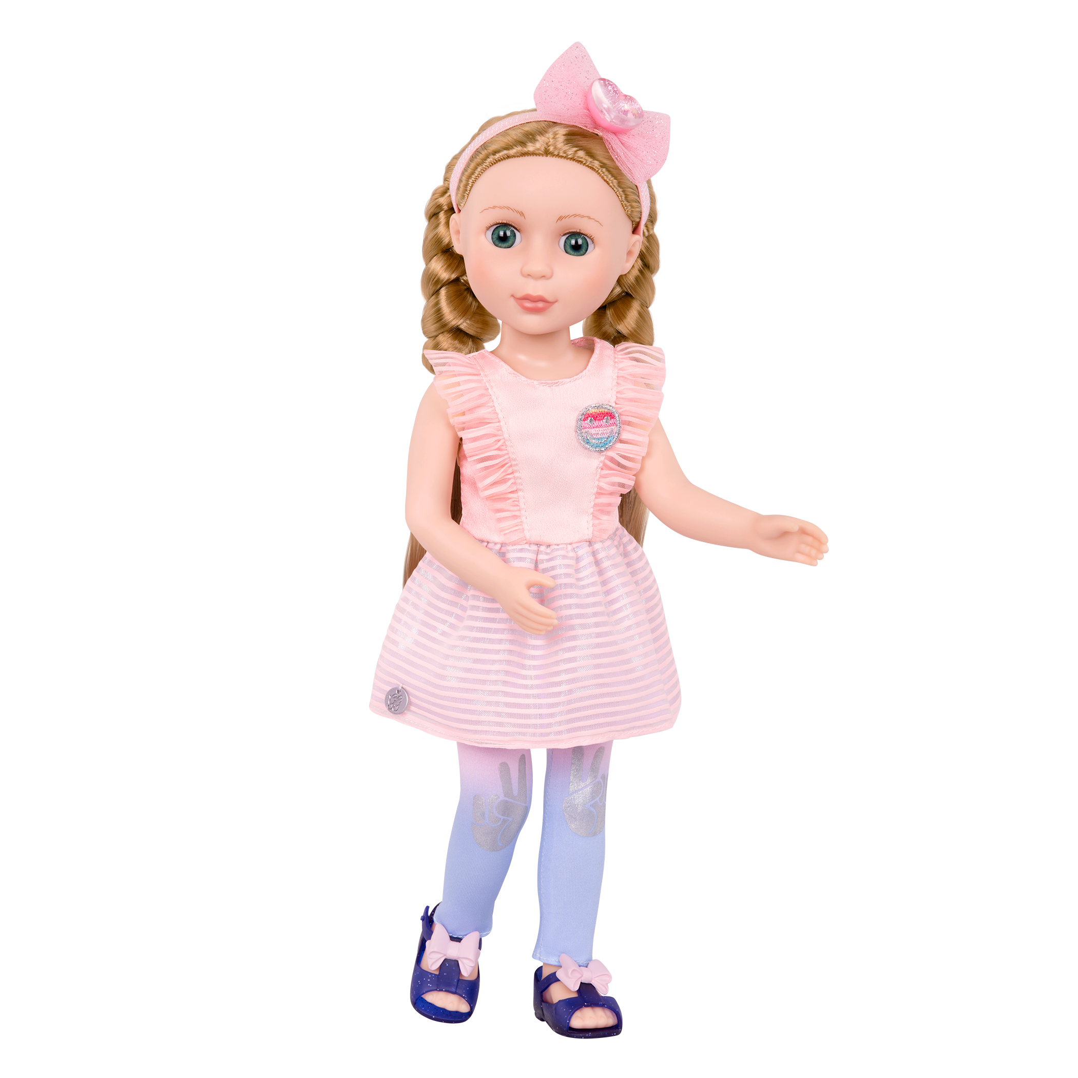 14-inch posable doll with blonde hair and blue eyes