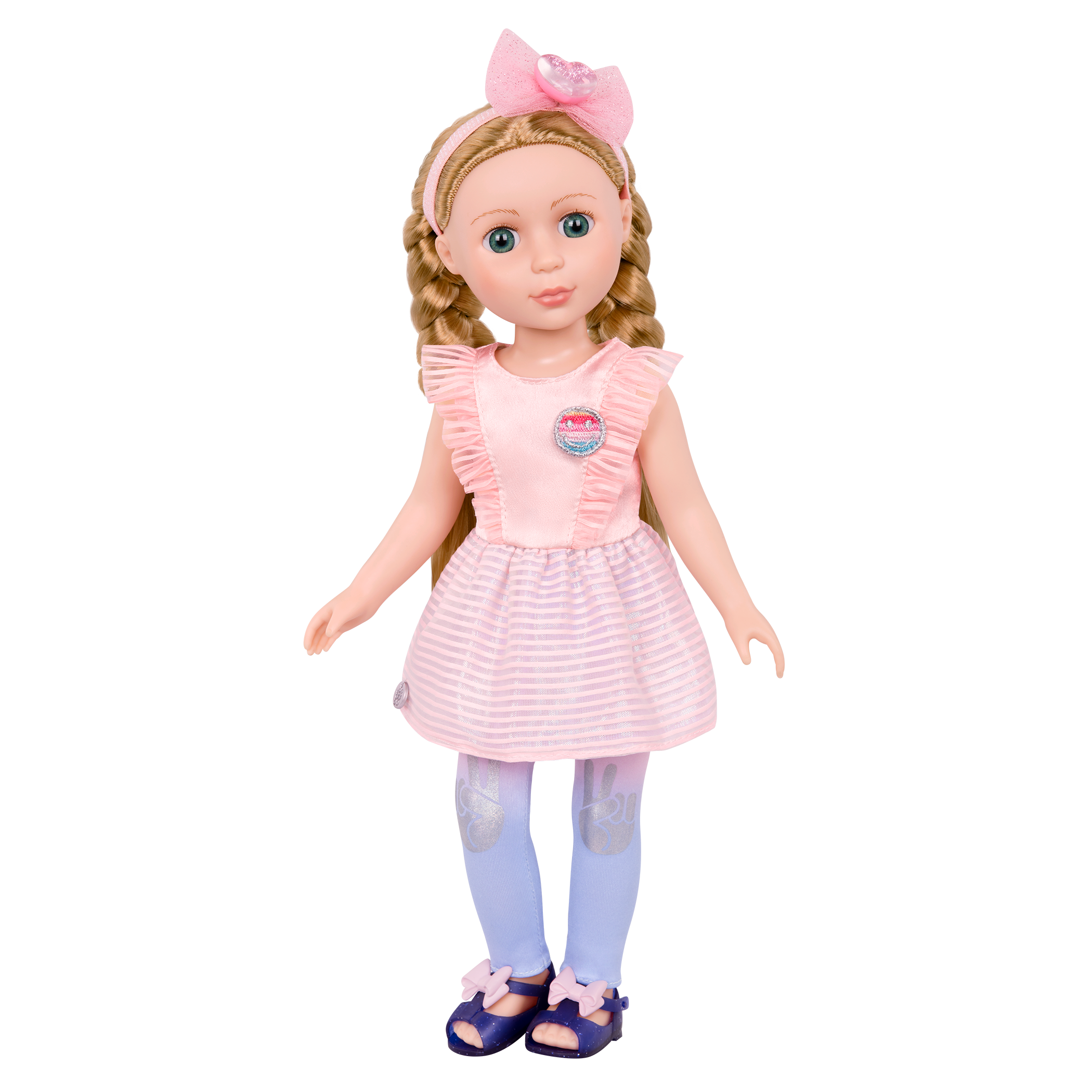14-inch posable doll with blonde hair and blue eyes