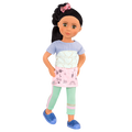 14-inch posable doll with black hair and hazel eyes