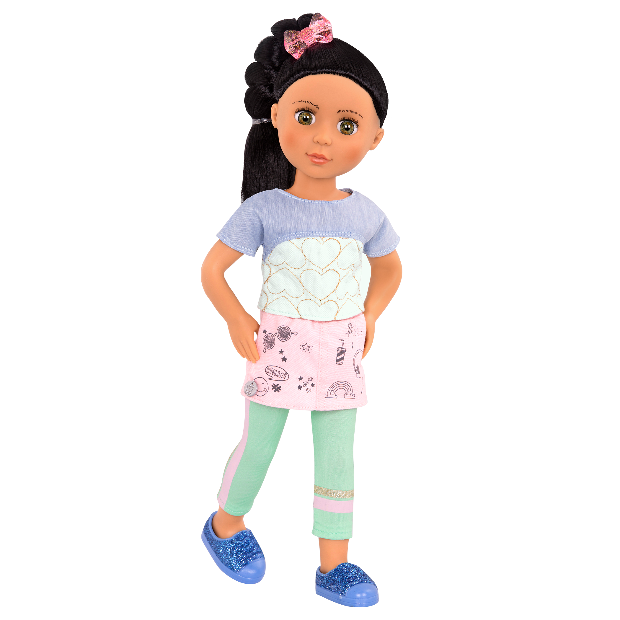 14-inch posable doll with black hair and hazel eyes