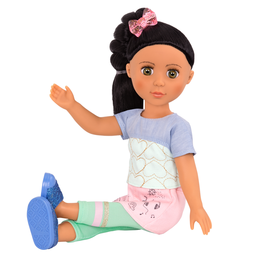 14-inch posable doll with black hair and hazel eyes