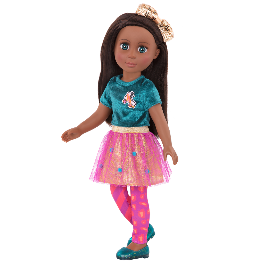 14-inch posable doll with brown hair and turquoise eyes