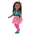 14-inch posable doll with brown hair and turquoise eyes
