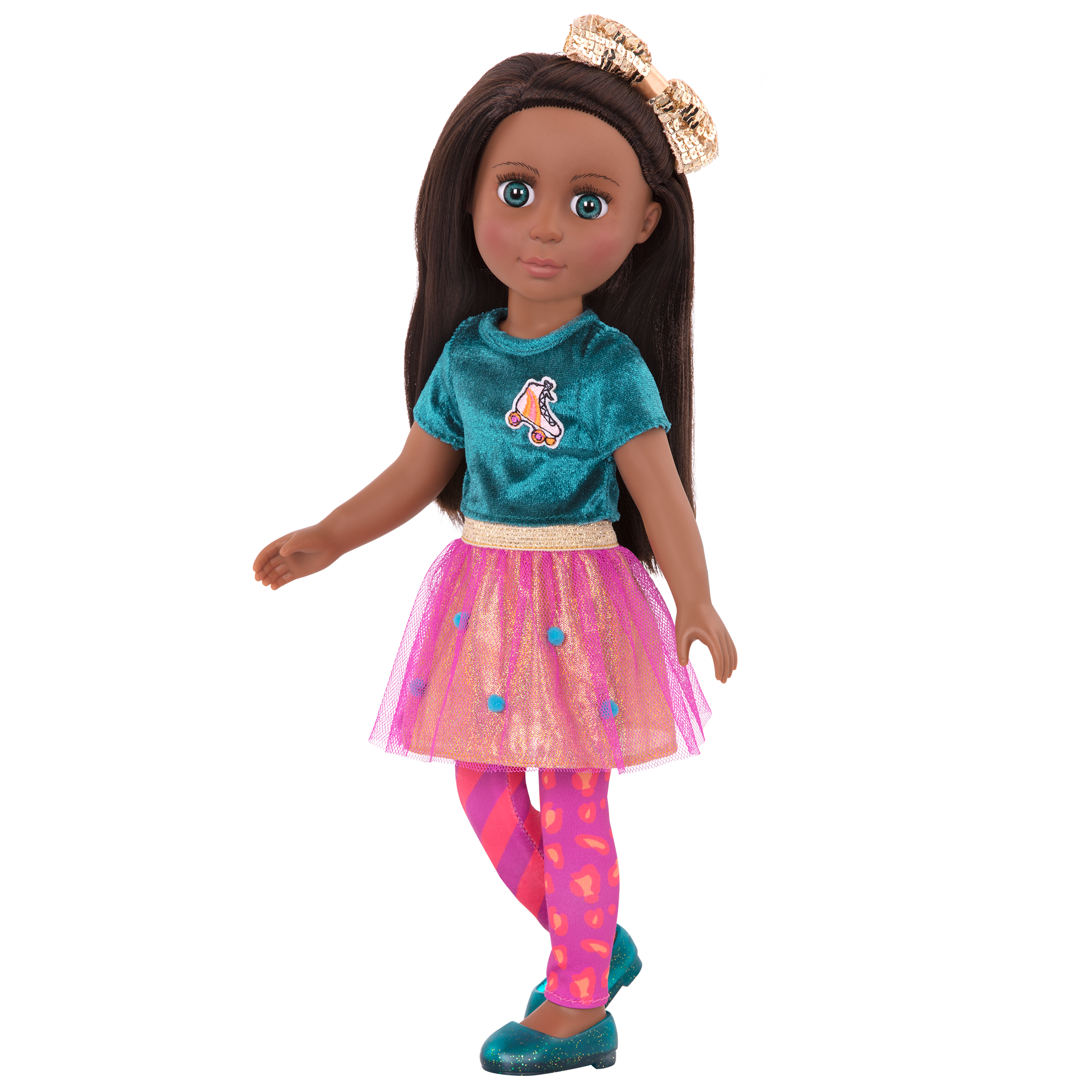 14-inch posable doll with brown hair and turquoise eyes