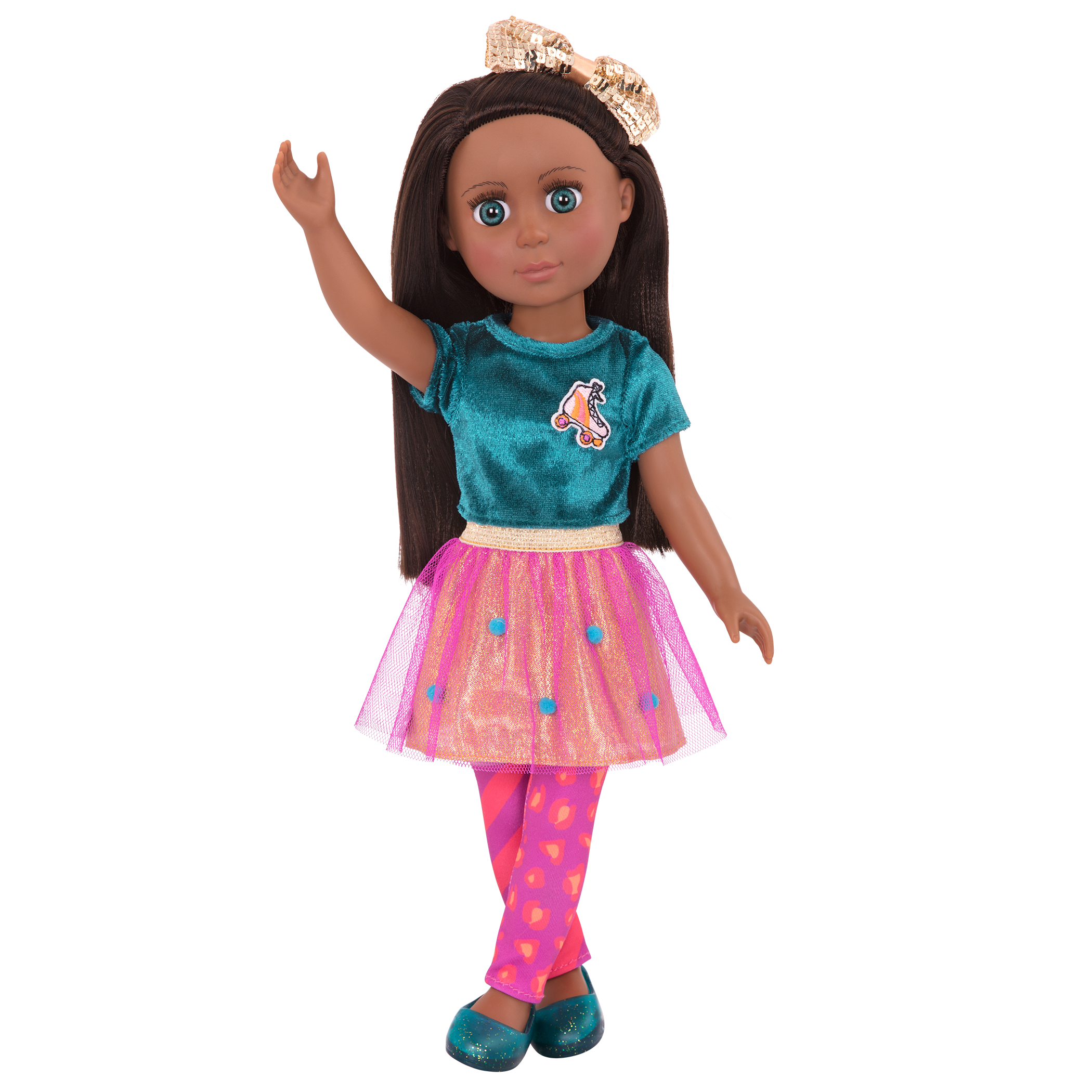14-inch posable doll with brown hair and turquoise eyes