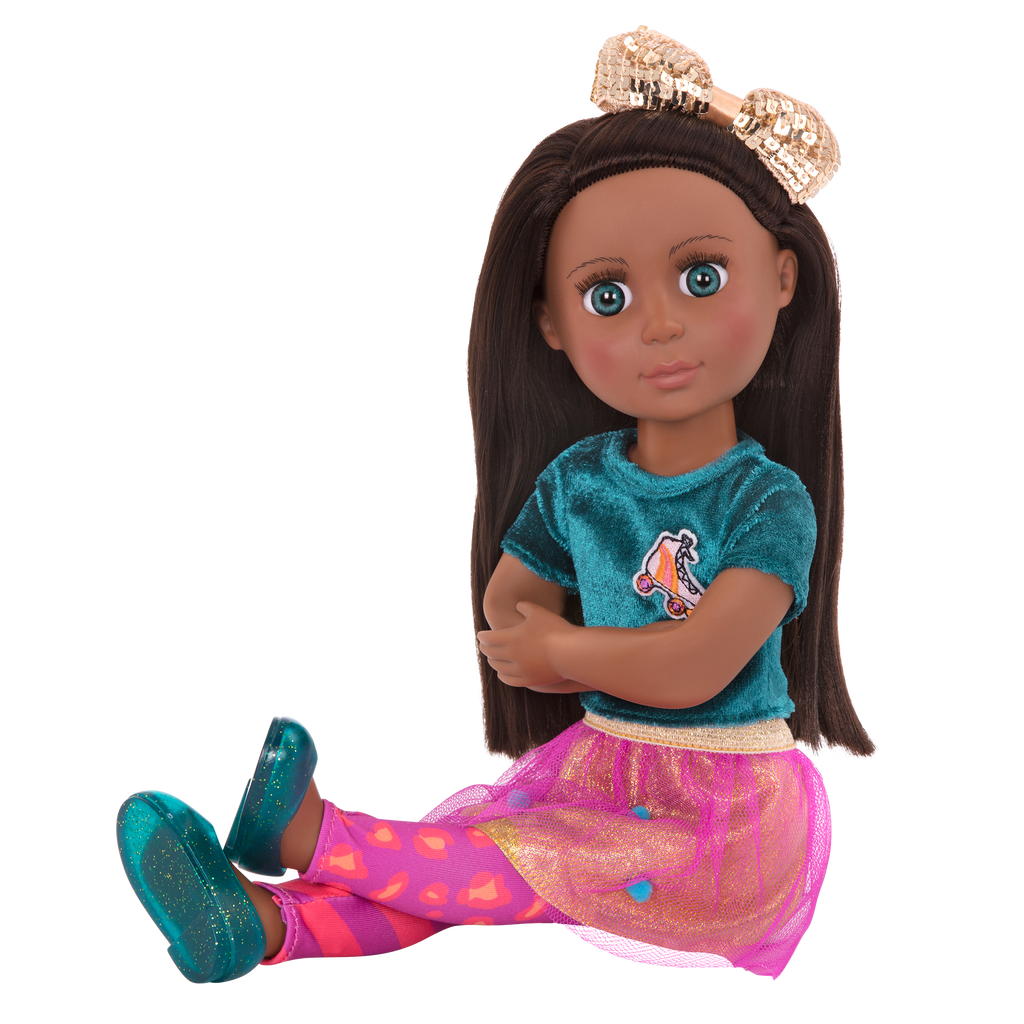 14-inch posable doll with brown hair and turquoise eyes