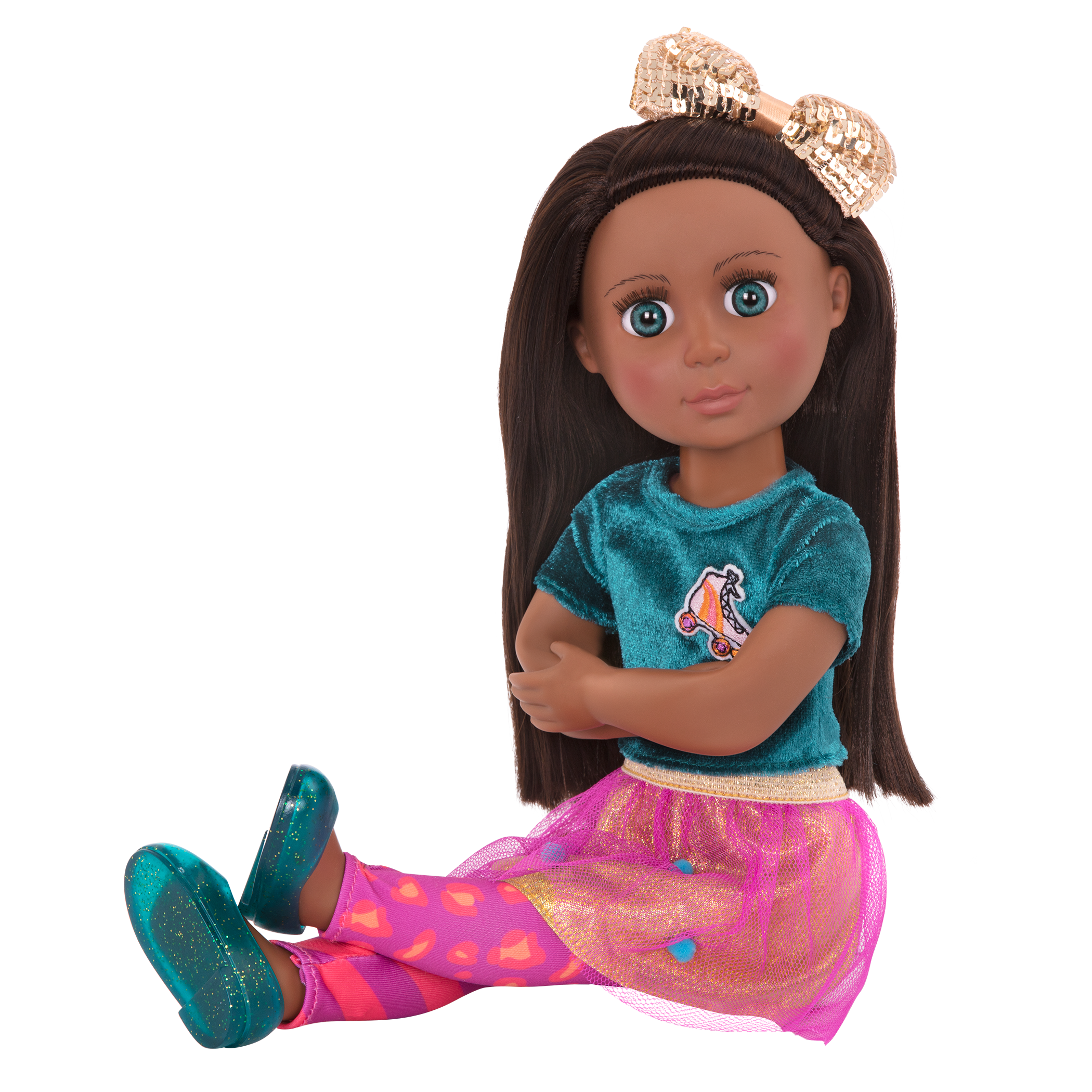 14-inch posable doll with brown hair and turquoise eyes