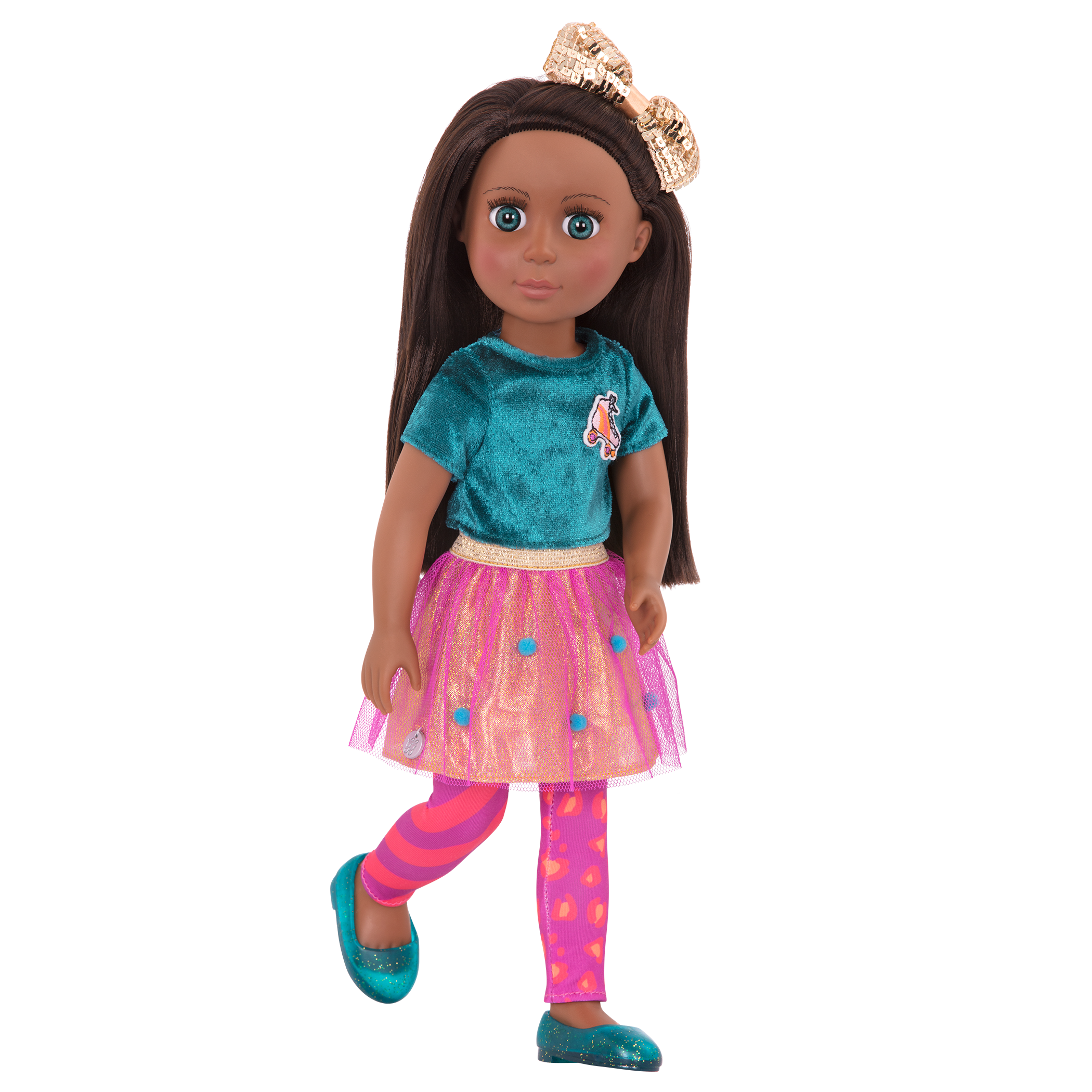 14-inch posable doll with brown hair and turquoise eyes